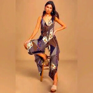 Lulus bon voyage Navy mixed print wide leg loose comfy jumpsuit size XL